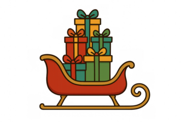 Red sleigh filled with an array of colorful christmas gifts adorned with bows, set against a transparent background, capturing holiday joy
