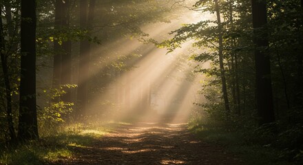Naklejka premium Sunlight filtering through trees on forest path in morning 