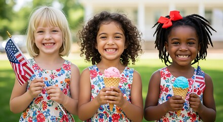 Diverse happy children enjoy delicious ice cream cones holding American flags