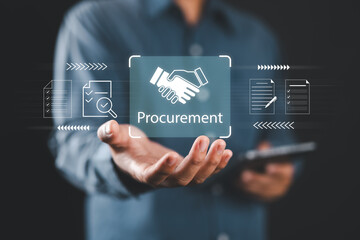Procurement process management in a digital system. Handshake icon successful business agreement, purchase order, invoice tracking, and workflow automation in enterprise supply chain.