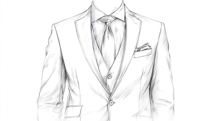 Detailed sketch of a tailored suit, vest, tie, and pocket square. Formal and classic