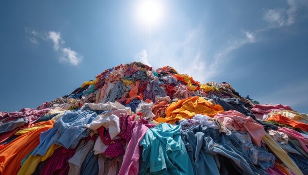 A colorful mountain of discarded textiles rises against a bright sky symbolizing overconsumption and the environmental impact of fast fashion.