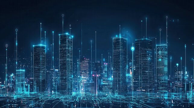 Illuminated skyscrapers and high rise buildings creating a dynamic technologically advanced cityscape against a dark night sky