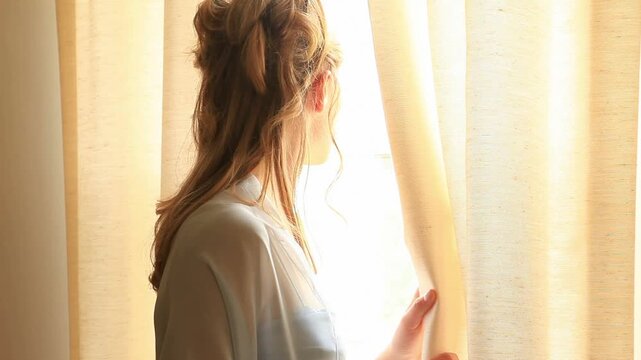 Teen in Prom Dress Awaiting Date by Window