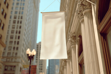 Blank vertical hanging banner on historic city building