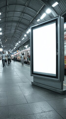 Blank illuminated billboard at train station platform