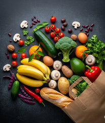 Fresh fruits and vegetables, including red peppers, ripe tomatoes, and crisp cucumbers, are artfully arranged on a rustic wooden table for a healthy, vegetarian diet