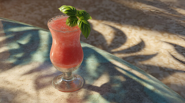 Refreshing summer beverage, a vibrant red frozen drink with fresh garnish. Perfect poolside treat.