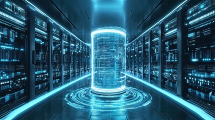 Futuristic server room with glowing cylinder