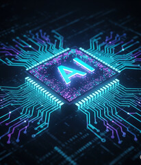 Blue digital electronic circuit board with a processor microchip, showcasing advanced computer technology and hardware design