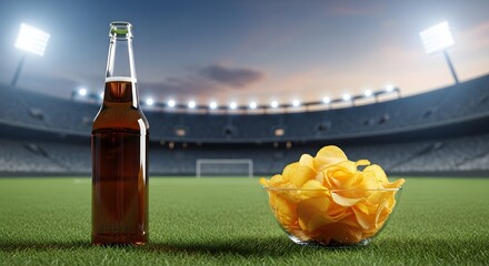 Glass bottle of cold beer and bowl of golden potato chips positioned on green stadium field under stadium lights at sunset