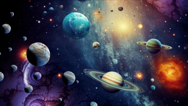 A cosmic video concept featuring a wide-angle view of planets and stars in a vibrant galaxy, showcasing a mesmerizing space scene. Live desktop wallpaper.