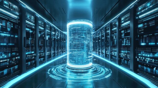 Futuristic server room with glowing cylinder