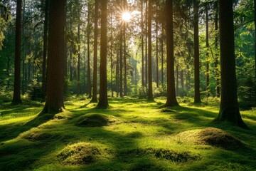 Obraz premium Ein Fichtenwald, der unberührt und naturnah ist, wird vom warmen Licht der Morgensonne erleuchtet