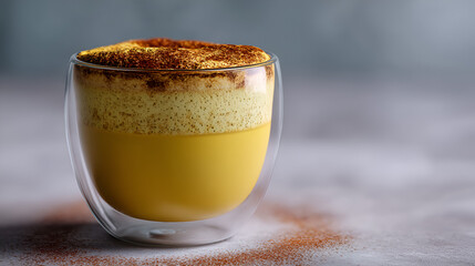 Golden milk in a clear glass, showcasing its yellow hue and frothy, spice-dusted top on a neutral backdrop.