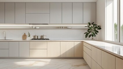 Modern minimalist kitchen with light wood and gray cabinetry.