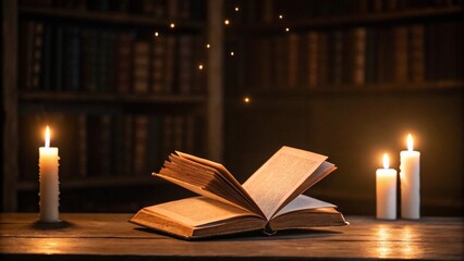 A mystical scene featuring an antique-style book floating mid-air, casting a gentle light, beside a flickering candle in a dimly lit, traditional study or archive room