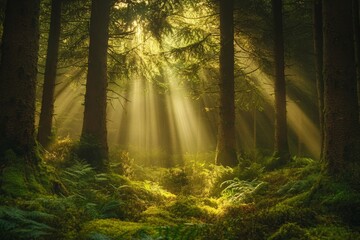 Obraz premium The coniferous forest, early in the morning, is filled with the sun's rays that filter through the fog and branches, amidst saturated green ferns and other plant life