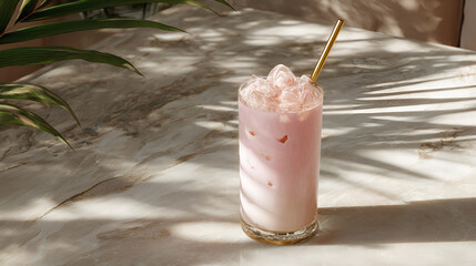 Refreshing pink drink: ice-cold beverage with a golden straw, perfect for a sunny day under palm shadows.