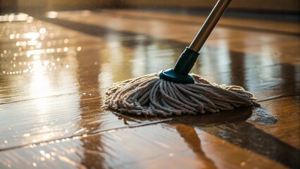 A string mop effectively cleans a wet, reflective floor, catching the warm, golden sunlight streaming through a large window, symbolizing cleanliness and home maintenance