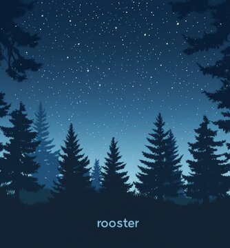 Silhouette of coniferous forest trees set against a stunning image of nighttime stars and radiant sunset rays