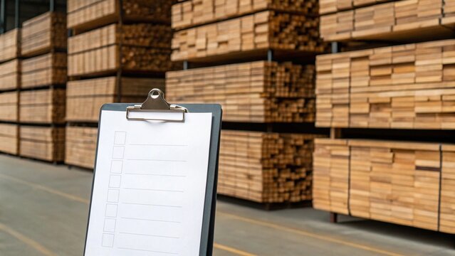 Close-up on an empty clipboard, ready for notes or data, with rows of neatly piled wooden planks receding into a blurred backdrop, representing order processing or quality control in the wood industry