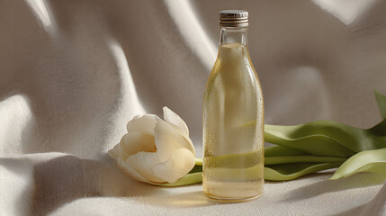 Bottle of refreshing liquid with flower on textured fabric, bathed in soft sunlight. Simple, serene, natural.