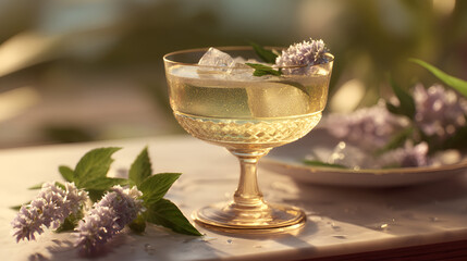 Refreshing cocktail with ice and lilac flowers, elegantly served on a marble surface.