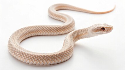 Fototapeta premium A mesmerizing albino or leucistic Western Hognose snake, with delicate light beige and pink hues, elegantly coiled on a pristine white surface, showcasing its unique scales