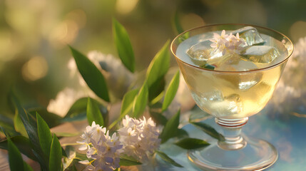 Refreshing drink with ice cubes and delicate flowers in a sunny outdoor setting. Perfect for summer.