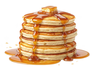 Delicious stack of pancakes drizzled with maple syrup and butter isolated on transparent background