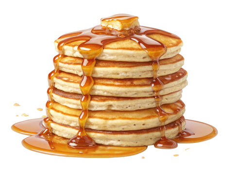 Delicious stack of pancakes drizzled with maple syrup and butter isolated on transparent background