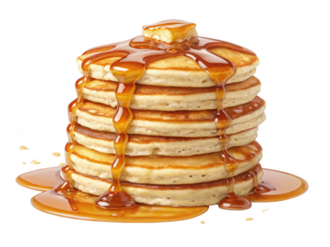Delicious stack of pancakes drizzled with maple syrup and butter isolated on transparent background