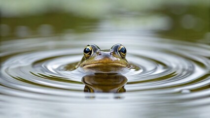 A vibrant green frog, with its head and eyes just above the water's surface, creates perfect concentric ripples that spread across the calm pond, inviting viewers into its natural habitat.
