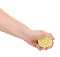 Woman squeezing lime on white background, closeup