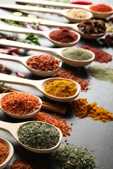 Many different spices in spoons on grey table, closeup