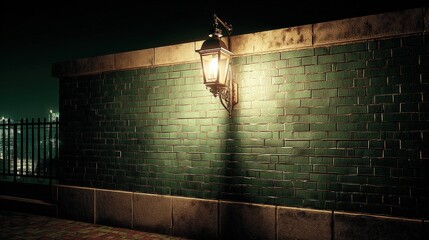 Street view of illuminated vintage lamppost casting shadow on a green brick wall at night in an urban setting with dark sky background