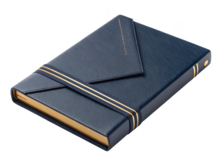 Elegant dark blue leather bound notebook with golden edges isolated on transparent background