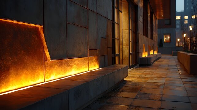 Exterior architectural facade at night with warm lighting.