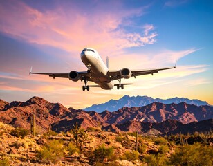 Airplane landing over desert mountains at sunset