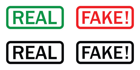 Real and Fake Rubber Stamp Icon Set – Grunge Style Truth and Lie Concept Badges