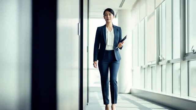 A stylish Asian businesswoman confidently strides down an office hallway, focused on her goals.