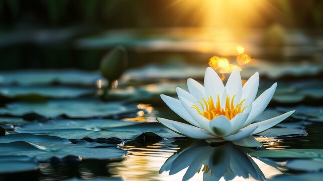 With reflections, one lotus flower gently floats atop the peaceful, unmoving water