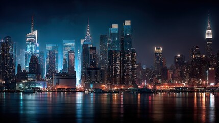 Obraz premium Vibrant nighttime cityscape of a modern illuminated metropolis with skyscrapers cascading lights over a river reflecting the urban glow