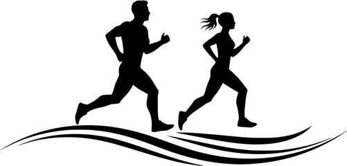 Running man and woman, isolated vector silhouettes. Run, side view. Silhouettes of athletic looking male and female runners running. EPS version.