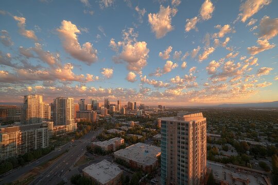 Spectacular cityscape view du golden hour with modern high-rise buildings dense urban area and colorful sky filled with scattered clouds at sunset - Powered by Adobe