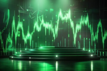 Dynamic Green Digital Data Graph Display on Futuristic Stage with Holographic Chart Visualization and LED Light Effects