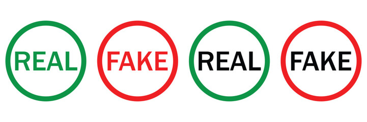 Real and Fake Rubber Stamp Icon Set – Grunge Style Truth and Lie Concept Badges
