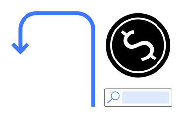 Blue arrow guiding toward black circular dollar symbol and a search bar. Ideal for finance, e-commerce, online guidance, investment, SEO, digital marketing, and a simple landing page