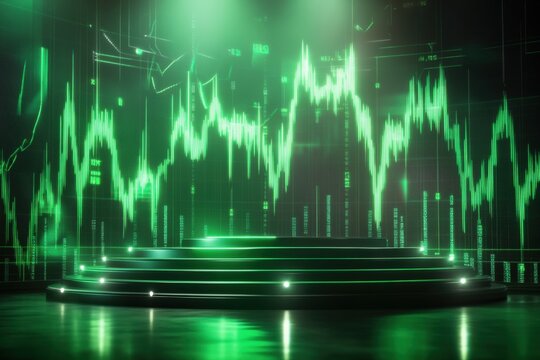 Dynamic Green Digital Data Graph Display on Futuristic Stage with Holographic Chart Visualization and LED Light Effects
